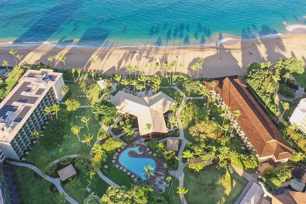 Aerial view of Kaanapali Beach resort coastline in West Maui