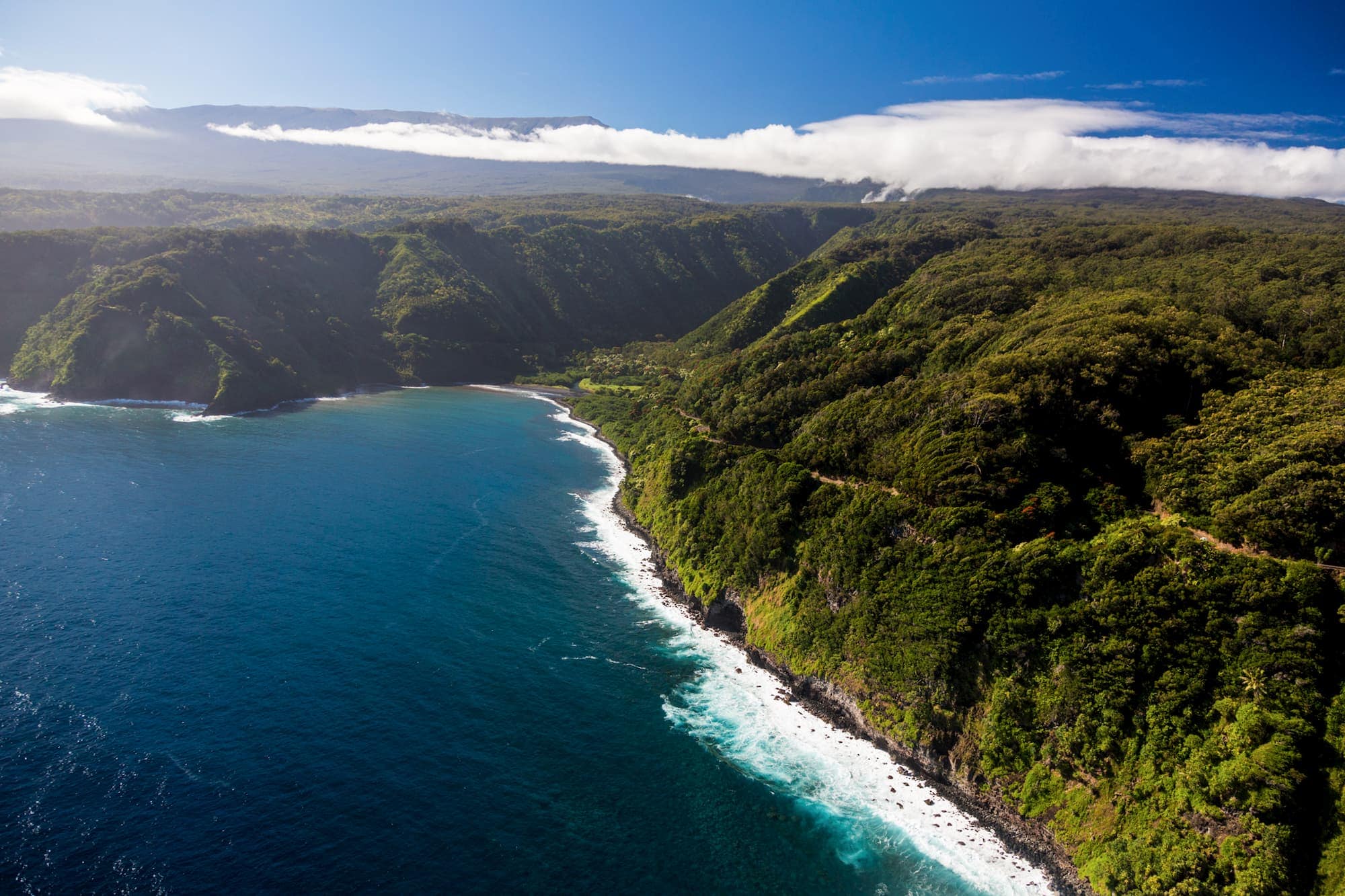 Aerial view of the winding Road to Hana along the Maui coastline